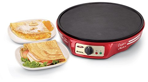 Ariete 183 CREPERA PARTY TIME, 1000 W, termostato regulable, revestimiento antiadherente, 2 espátulas de madera, indicador luminoso encendido, apagado y listo para usar, Negro, Rojo