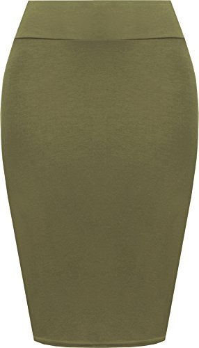 WearAll Womens Plain Bodycon Pencil High Waisted Ladies Stretch Midi Skirt - Khaki - 12/14
