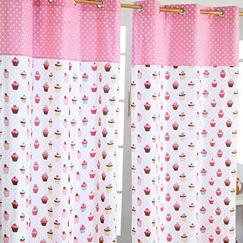 Homescapes Kindervorhang Mädchen Kinderzimmer Ösenvorhang Dekoschal Cup Cakes 2er Set pink blau 137 x 228 cm (Breite x Länge je Vorhang) 100% Reine Baumwolle