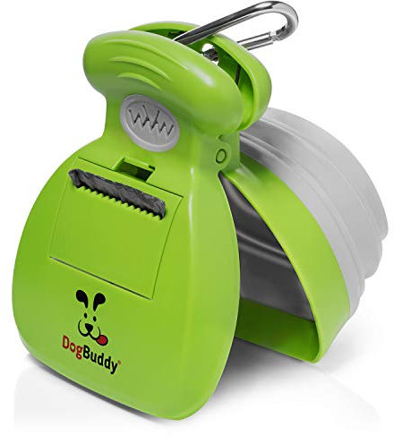 DogBuddy Recogedora portátil para excrementos de perro, recogida de residuos sanitarios para perros, limpiador de residuos de perros resistente con dispensador de bolsas, clip para correa de perro y