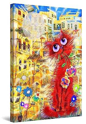 Startonight Bilder Niedliche Rote Lustige Katzen Malerei für Kinder - Leinwandbilder Moderne Kunst - Tiere Wanddeko Kunstdrucke - Wandbilder 60 x 90 cm, Tag Nacht Bild