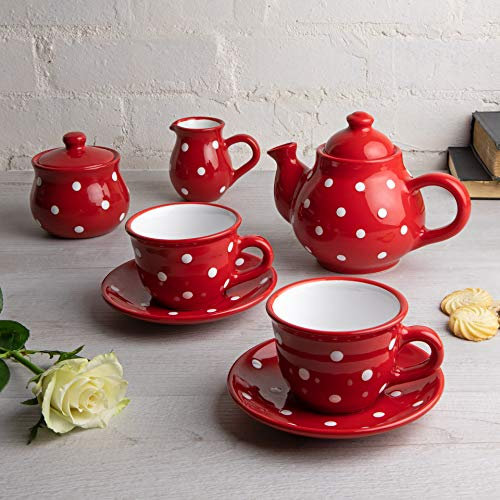 City to Cottage® Red and White Polka Dot Handmade Ceramic Teapot, Milk Jug, Sugar Bowl with 2 Cups and Saucers Tea Set
