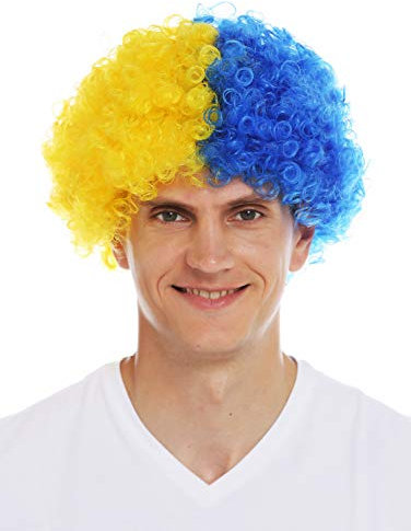 WIG ME UP - MMAM-15M Perücke Karneval Afro Fan-Perücke Fußball Gelb Blau Hälften geteilt