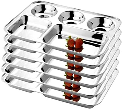 KC Stainless Steel Partition Plate 5 in1/Bhojan Thali/Compartment Plate/Steel Thali/Dinner Plate Set of 6