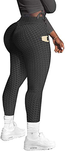 Memoryee Damen Honeycomb Leggings mit Taschen Slim Fit Hohe Taille Sporthose Lange Workout Kontrolle Gym Yogahosen/Black/L