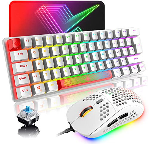 Clavier de Jeu mécanique Britannique RVB 14 Effets de rétroéclairage Mini 62 Touches Filaire de Type C + Souris légère RVB 6400 DPI en nid d'abeille + Tapis de Souris Compatible avec PS4, Xbox, PC,