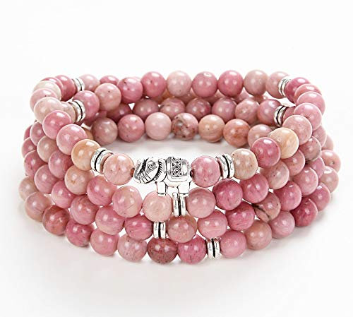108 Mala-Stein-Perlen-Halsketten-Wrap-Handgelenk-Armband mit Elefanten-Charme-handgemachtes Schmuck-Geschenk (Rosa Rhodonit (Pink Rhodonite))
