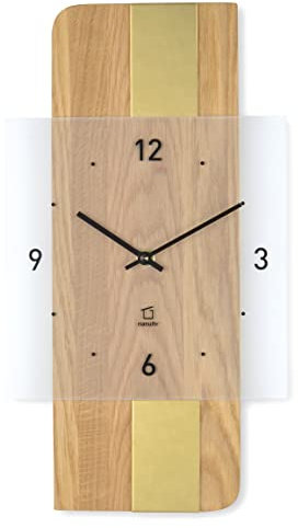 Natuhr Holz Metall Glas Wanduhr - Fusion - geräuscharm Quarz-Uhrwerk plastikfrei verpackt (Eiche geölt/Messing Auflage)