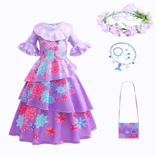 Yigoo Mirabel Prinzessin Kostüm Mädchen Madrigal Cosplay Kleid Outfit Kinder für Karneval Party Halloween Fest Weihnachten Verkleidung mit Tasche Girlande Ohrring Halskette 160