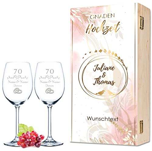 Leonardo Weingläser mit Gravur - Gnadenhochzeit Design - Personalisiert mit Namen & Datum inkl. Holzkiste - Geschenk zur Hochzeit Verlobung Jahrestag Farbe Daily