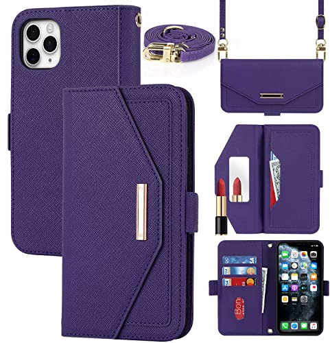 Cavor Coque Compatible avec iPhone 11 Pro Max Etui avec Cordon,Flip Portefeuille Étui Cuir,[5 Porte Cartes][Miroir][Magnétique][Réglable Collier] Housse - Violet
