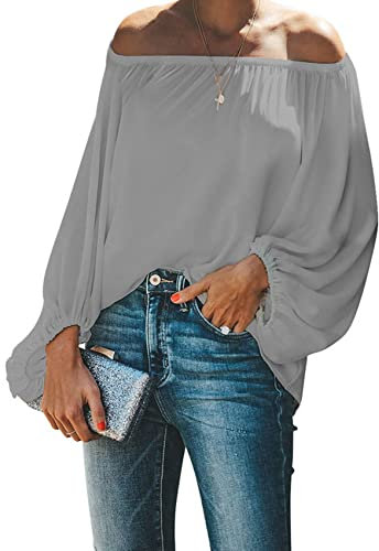 Las Mujeres De La Primavera Y El OtoñO Sin Tirantes Tops De Un Hombro De Color SóLido Simple Linterna De Manga Suelta De Manga Larga Camiseta