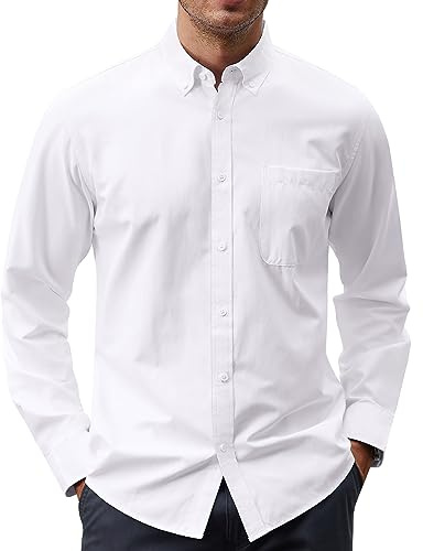 J.VER Mens Cotton Oxford Shirts Long Sleeve Button Collar Shirt Solid Regular Fit Dress Shirts with Pocket A-White Large
