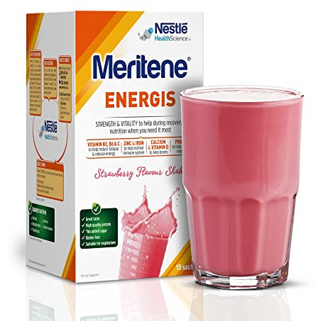 Meritene Energis Strawberry Protein Shake | 30g Powder Sachets, Pack of 15 | Nutritional Support Mix with Proteins and Minerals | With Vitamin D, B & K