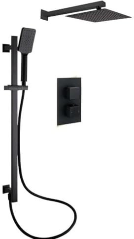 Dara Matt Black Shower Kit Height Adjusting Slide Rail Shower, Square Overhead Shower Head, Double Outlet Thermostatic Concealed Valve, Solid Brass Matt Finish