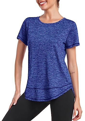 Deaviya Women's Sports T-Shirt Gym Tops, Short Sleeve Workout Casual Running Tops, Ladies Gym Yoga Sports Top, Crew Neck Fitness T-Shirts for Women, Loose Side Split Tee,Dark Blue XXL