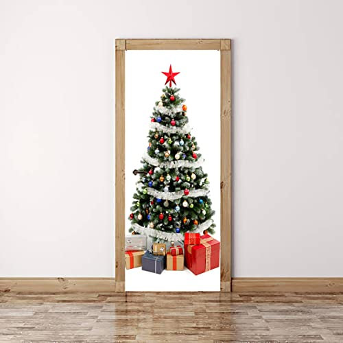 3D Türaufkleber Türtapete Selbstklebend Wandbild Pvc Wasserdicht Abnehmbar Türfolie Weihnachten Kreativer Weihnachtsbaum 77X200Cm Poster Fototapete Wohnzimmer Kinderzimmer Bad Kunst Wandaufkleber