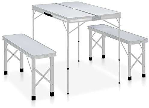 Homgoday Klappbarer Campingtisch mit 2 Bänken aus weißem Aluminium, Gartenbank, Bank für Balkon, Terrasse & Garten