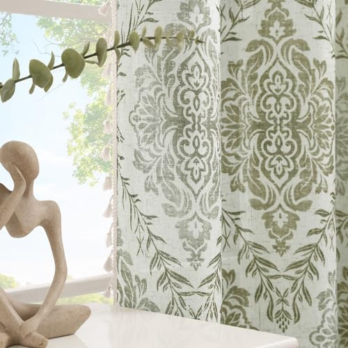 ColorBird Grüne Leinen-Vorhänge für Wohnzimmer, 213 cm Länge, 2 Paneele, Landhaus-Vintage-Muster, Vorhänge für Esszimmer, Schlafzimmer, Schiebetürenschrank