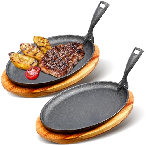FoldTier Cast Iron Skillet Set 10.63'' x 6.89'' Fajita Plate Sizzling Pan with Wooden Base Anti Scald Protection Removable Handle for Restaurant Kitchen Cooking Accessory BBQ Party(2 Sets)