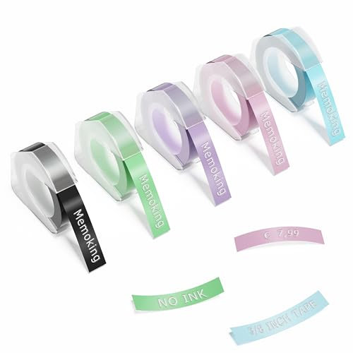 3D Prägegerät Etiketten - 3/8 (9mm) Kompatibel mit Vixic Omega S, Phomemo E975, DYMO Omega, DYMO Junior, Goknu, Aken, Prägegerät E975, 3D Kunststoff-Etiketten, Schwarz/Grün/Lila/Rosa/Blau, 5 Packung