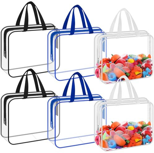 6 Pack Clear Toy Storage Bags with Handles Moving Totes 11.8x8.6 Inch Waterproof Reusable PVC Zipper Pouch Organizer Bag for Baby Toys, Game Pieces, Balls(Blue, Black & white)