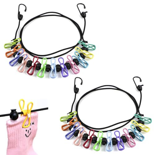 2 Pezzi Filo Stendibiancheria da Viaggio, Stendibiancheria Campeggio con 12 Clip Appendiabiti, Stendibiancheria Mollette di Filo Portatile da Viaggio, per Uso in Vacanza, Esterno, Campeggio e Viaggi