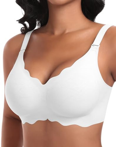 Ganado Damen Nahtloser BH Ohne Bügel Tiefem V-Ausschnitt gewellte Ränder Push Up BH Bralette Soft Bequem BHS Bügellos Bustier (Weiß-Doppel Vorderwelle, 2XL)