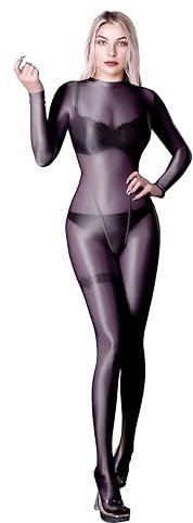 SOFSOT Ultra-transparenter Ganzkörperanzug für Damen, lange Ärmel, glänzend, Einteiler, glänzender Catsuit, Nylons, Ganzkörperanzug, Schwarz, X-Large