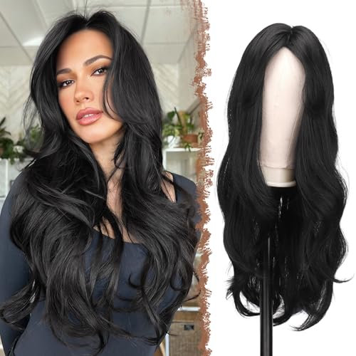 FESHFEN Lange Schwarz Perücken mit Pony, Geschichtete Perücke für Damen Frauen Natürliche Synthetik haare Perucken für Tägliche Party Cosplay, 65 cm