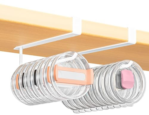 2 Pack Large Tumbler Lid Organizer, Under Cabinet Cup Lid Holder for Yeti Insulated Mug/Stanley Insulated Mug/Simple Modern Insulated Mug Lid, No Gluing, No Drilling, Up to 10 Lids (White)