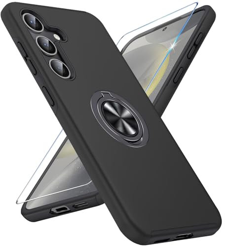 Vaki Handyhülle für Samsung Galaxy S24 Hülle mit Schutzfolie, Schutzhülle Galaxy S24 Case mit 360° Magnetischer Ring Ständer Kratzfest Fallfestigkeit Stoßfest für Samsung S24 5G Cover (Schwarz)