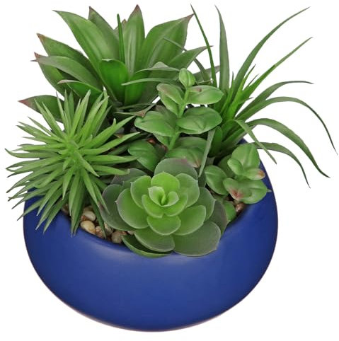 Arborus Fake Plants 17cm Artificial Succulent Plants in Blue Ceramic Pot Faux Succulents Artificial Succulents Potting Small Artificial Plants in Pot for Office Home Bathroom Shelf Decor