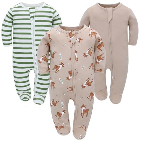 Neugeborenes Baby Jungen Mädchen Strampler mit Fuß Baby Schlafanzug Einteilige Lange Ärmel Overall Säuglings Frühling Herbst Body, 3er-Pack (Aprikose, 0-3M)