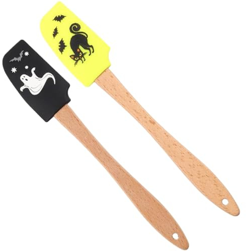 2Pcs Halloween Wooden Silicone Spatula with Hanging Hole Flexible Heat-Resistant Non-Stick Silicone Scraper Halloween Baking Supplies for Cooking Baking and Mixing, Halloween Kitchen Accessories