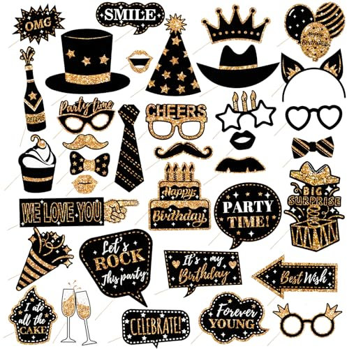 36 Pcs Geburtstag Fotobox Accessoires Golden Party Gadgets Fotobox Accessoires Weihnachten Zubehör Fotoboxen Party Accessoires Lustige Deko Photo Props für Geburtstag Karneval Vatertag, Schulanfang