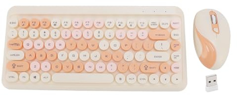 Wireless Keyboard and Mouse Combo, Retro Typewriter Keyboard with Round Keycaps, 1600 DPI USB Cute Mouse for Desktop Laptop and Computer (Orange)