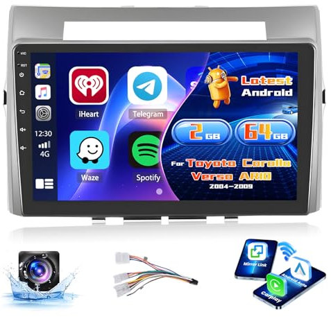 Inefala Radio für Toyota Corolla Verso AR10 2004-2009 Android 15 2+64G mit Wireless CarPlay Android Auto, 9 Zoll Bildschirm mit EQ 26UI FM RDS GPS Bluetooth WiFi SWC AHD Rückfahrkamera