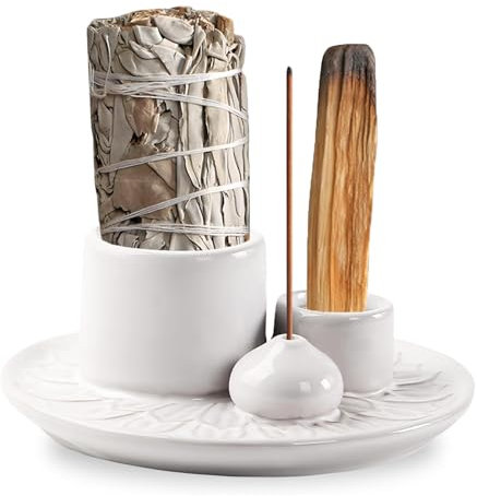 Porta Incenso, Bruciatore per Incenso 4 in 1, Bruciatore Incenso, Porta Incenso in Ceramica, Porta Palo Santo, Portancamera di Incenso, 4 in 1 Porta Incenso per lo Yoga, la Meditazione(Bianco)