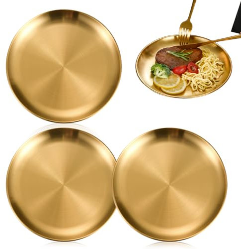LZYDKH 3 Stück Rund Tablett Gold, 20 cm Rostfreier Stahl Dekoteller Gold Edelstahl Serviertablett Klein Platter für Zuhause Küche Camping Esszimmer Make-up