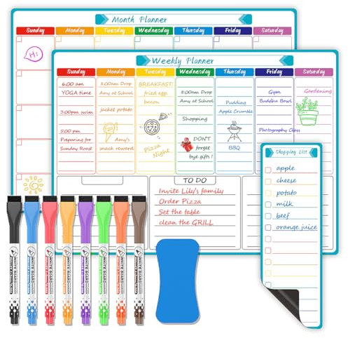 KIERKIER Magnetic Calendar for Fridge (Set of 3) - Fridge Weekly Planner Whiteboards & Monthly Planners & Shopping List, Perfect Family Meal Planners Whiteboard with 8 Markers & Eraser