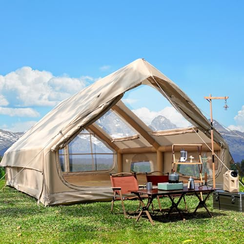 Yang Xin Großes Aufblasbares Campingzelt für 2-10 Personen, 6.3㎡/8㎡/12㎡ Outdoor Zelt mit Luftpumpe & Kaminöffnung & Dachfenster, 420D Oxford Wasserdicht 3000mm&UV50+ für 4 Jahreszeiten, 5 min Aufbau