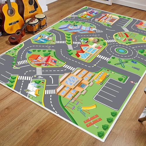 boiszeda Spielteppich Ideal für Kinder Lernspielzeug Straßenverkehr Stadtleben Rollenspielbereich Teppich Autoteppich Spielteppich Faltbar für Jungenzimmer Spielzimmer