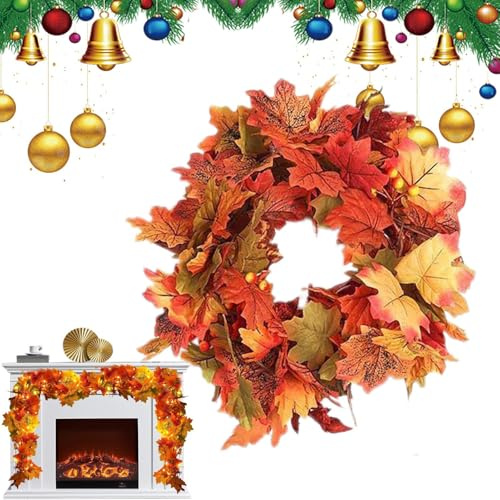 Nudorpn Herbst Girlande - 1.7 Meter Girlande Mit Blättern Und Lichtern Für Erntedankfest - Deko für Zuhause Herbstparty Wohnzimmer Eingangstür | für Weihnachten Kaminumrandung Wohnzimmer Innenbereich