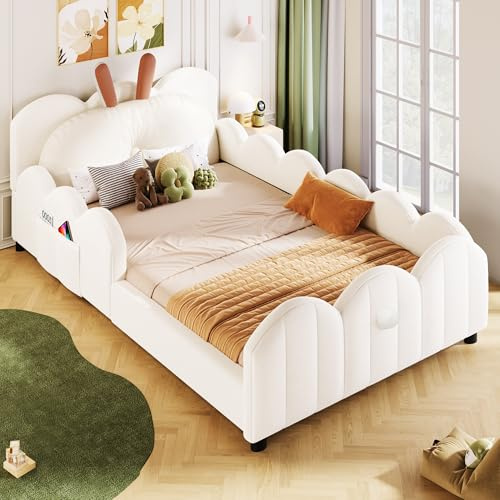 Ligterra Kinderbett Polsterbett 90x200 cm, Plattformbett mit Kissen in Kaninchenform, Kinderbett, Bettgestell für Mädchen, Jugendbett mit Lattenrost, Ohne Matratze(Beige)