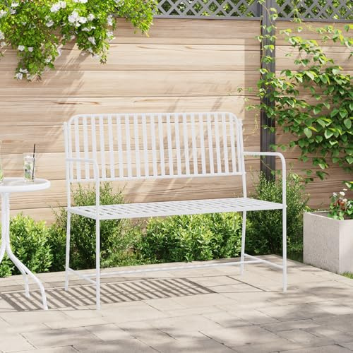 HEFZGDB Weiße Metall Gartenbank 103,5 x 51,5 x 90 cm Langlebig Zeitgenössisch Outdoor Sitzbank für Terrasse Balkon Robust Pulverbeschichtet Modern Komfortabel Stilvoll Wetterfest