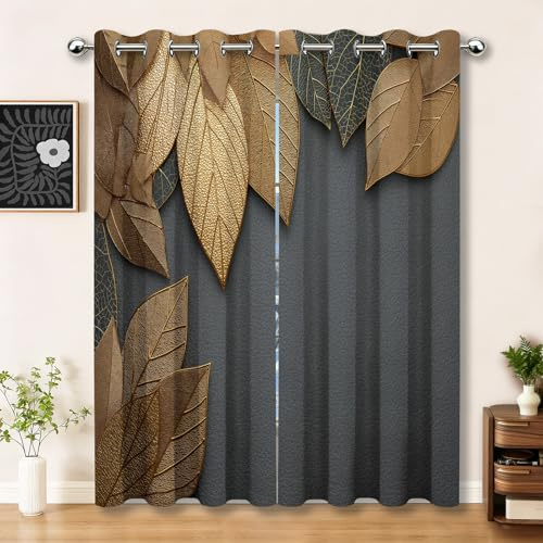 Generisch Verdunkelungsvorhang Kunst Abstrakt Goldene Blätter Geräuschreduzierung Blackout Vorhänge - Ösenvorhang für Wohnzimmer Schlafzimmer Kinderzimmer Dekorieren,H175 x B140 cm 2er Set