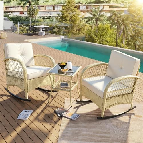 ECLIVON Gartenmöbel Sitzgruppe für 2 Personen, Outdoor Möbel 3-teilig für Garten, Gartenmöbel Set mit 2 Schaukelstuhl, Couchtisch mit Regal & Sessel, Balkonmöbel Essgruppe für Balkon Terrasse (Beige)