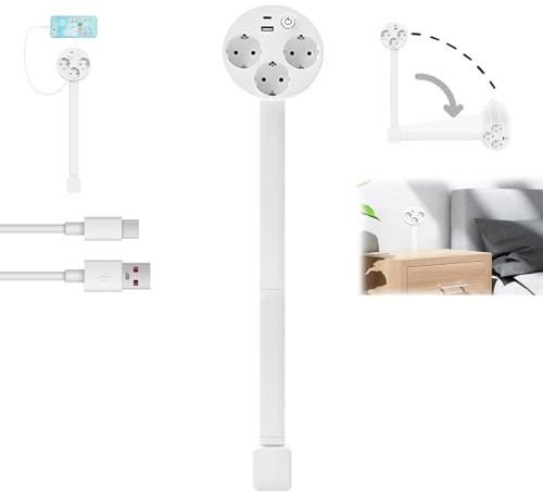 Extensor de Tomacorrientes Giratorio 180 con USB-A USB-C y 3 Tomas CA, extensión Extensible de 47 a 67 cm, Accede a Difíciles Alcanzar Extensión Ajustable, para Cocina, salón, Oficina