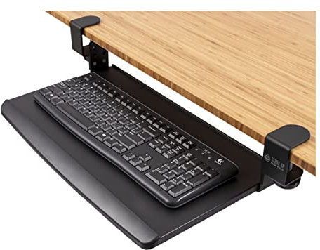 Stand Up Desk Store Compact Clamp-On Retractable Adjustable Keyboard Tray/Under Desk Keyboard Tray | Increase Comfort and Usable Desk Space | for Desks Up to 1.5 (20” x 11.5”) (Black) (Small)